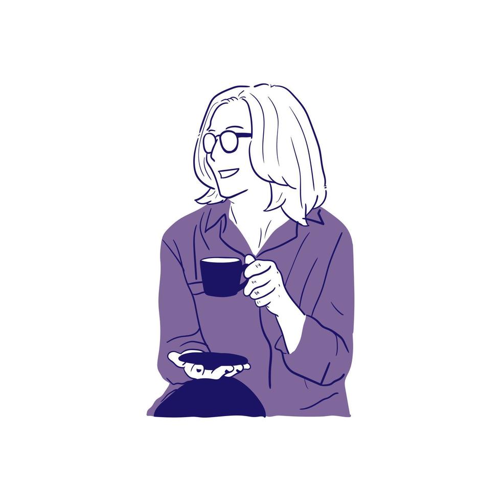 minimalistic hand drawn illustration of woman drinking coffee and relaxing vector