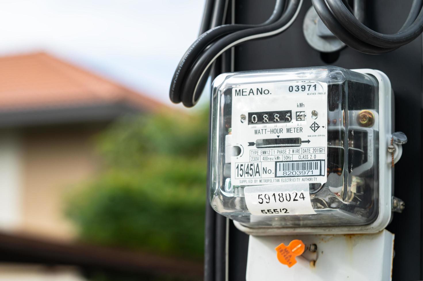 Bangkok, Thailand October 14, 2022 Electric measuring power meter for energy cost at home and office. photo