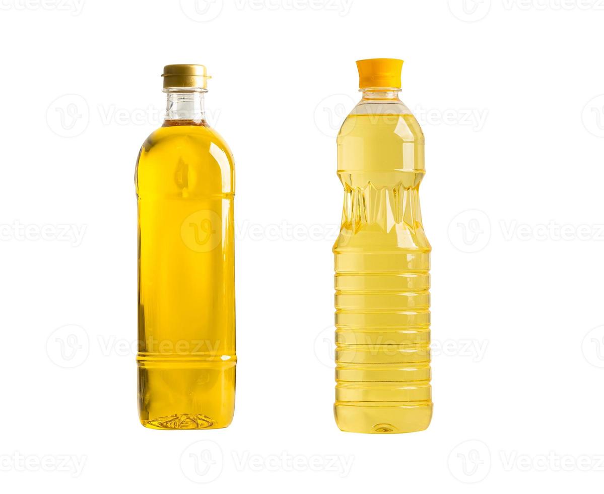 Vegetable oil with olive oil in different bottle for cooking isolated on white background with clipping path. photo