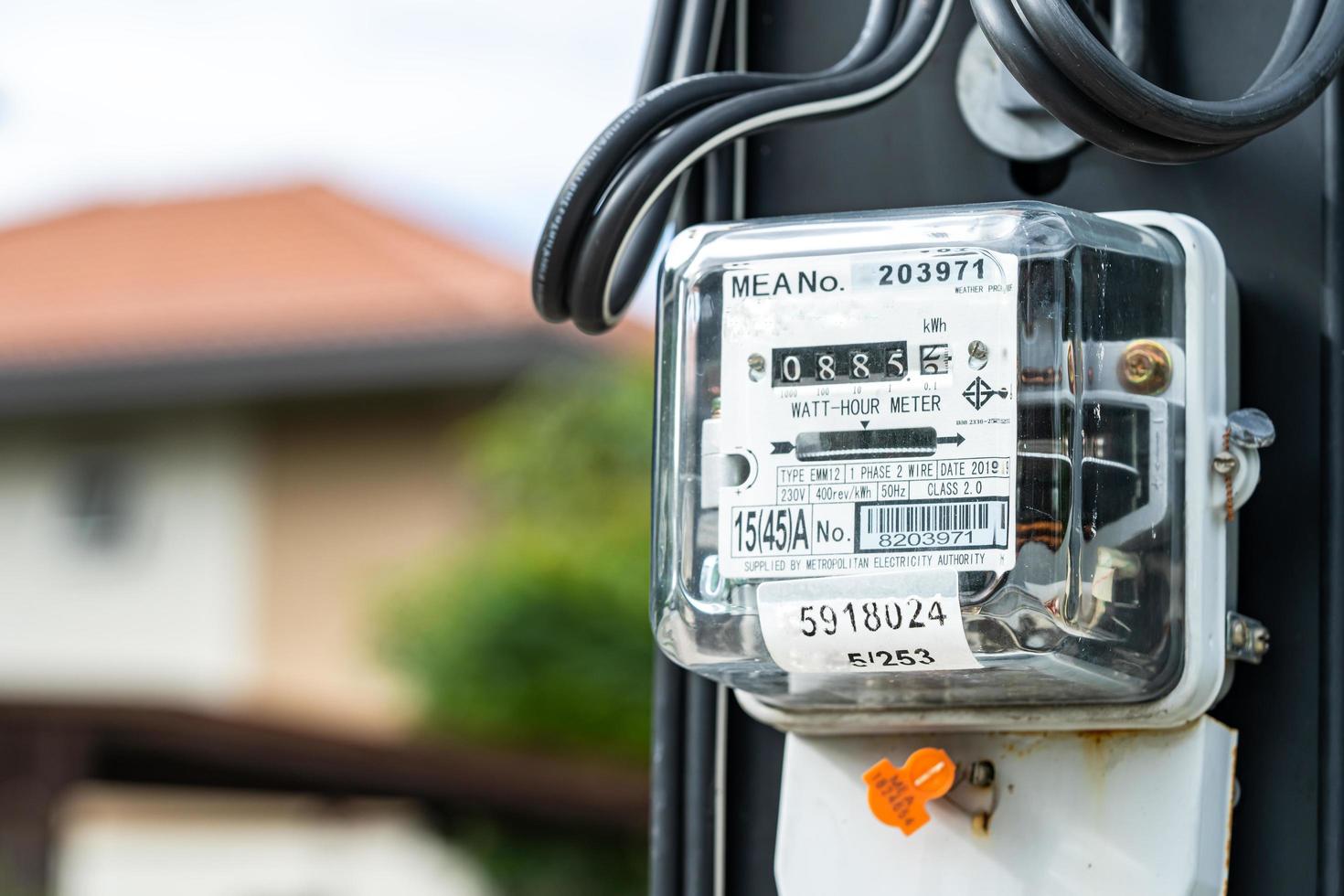 Bangkok, Thailand October 14, 2022 Electric measuring power meter for energy cost at home and office. photo