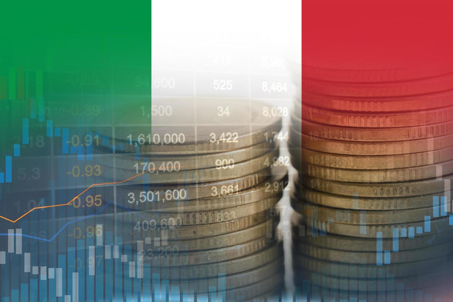 Inversión en el mercado de valores, comercio financiero, moneda e Italia, bandera o forex para analizar el fondo de datos de tendencias de negocios de finanzas de ganancias. foto