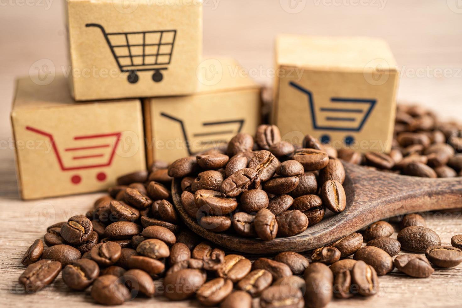 Box with shopping cart logo symbol on coffee beans, Import Export Shopping online or eCommerce delivery service store product shipping, trade, supplier concept. photo