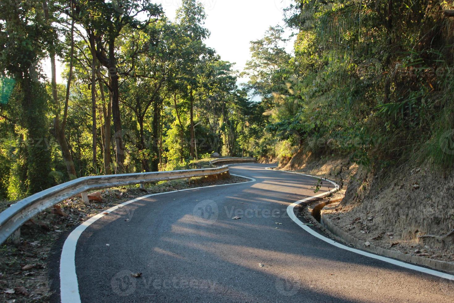 street curved road down way hill mountain in the forest photo