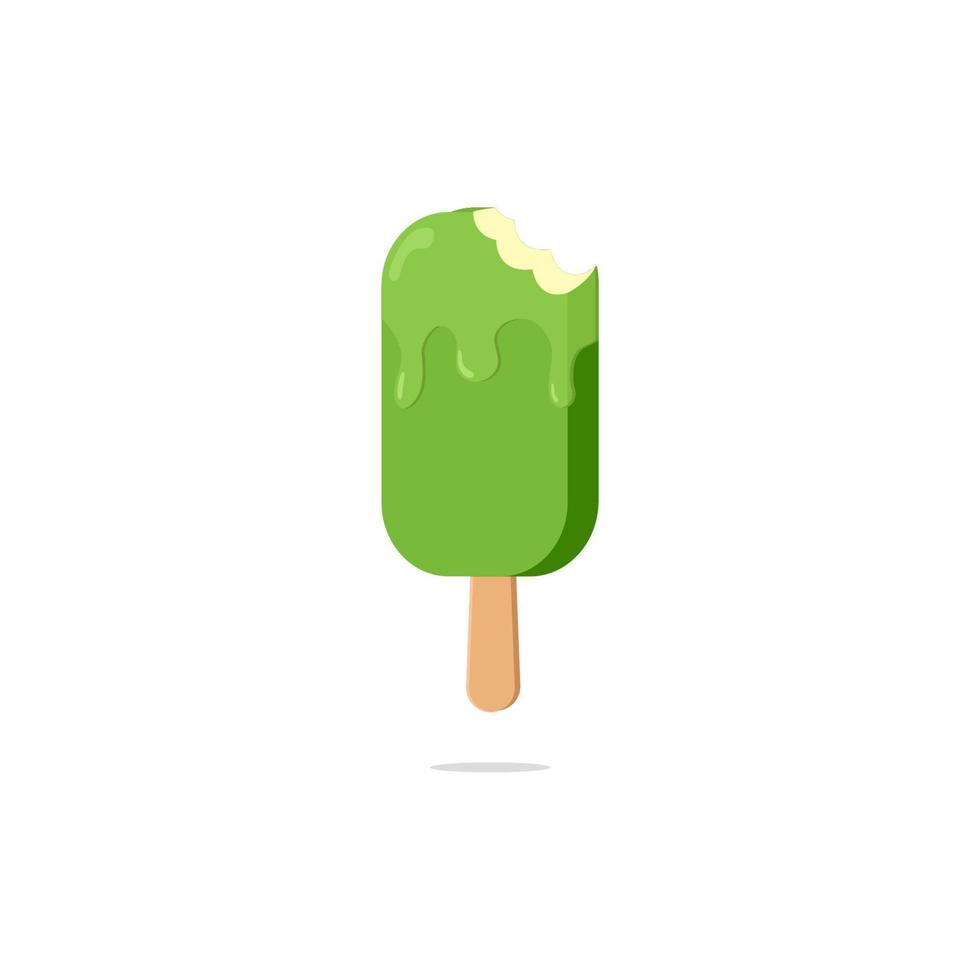 Sweet and cold green ice cream sticks bitten flat design isolated white background vector