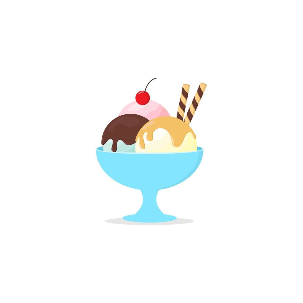 melted ice cream on a bowl with a wafer roll and cherry flat design isolated white background vector