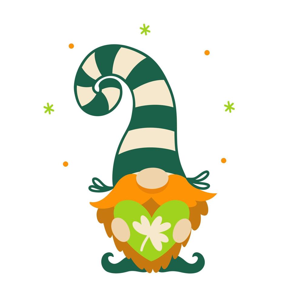 un lindo enano sostiene un corazón verde con trébol en sus manos. elfo de barba roja para la buena suerte. gnomo irlandés con un gorro de rayas. duende divertido, símbolo de st. día de San Patricio. aislado en blanco vector