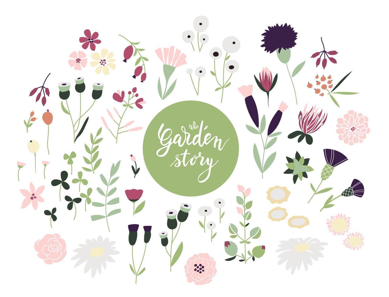 Spring floral decorative elements, flowers and plants illustration vector