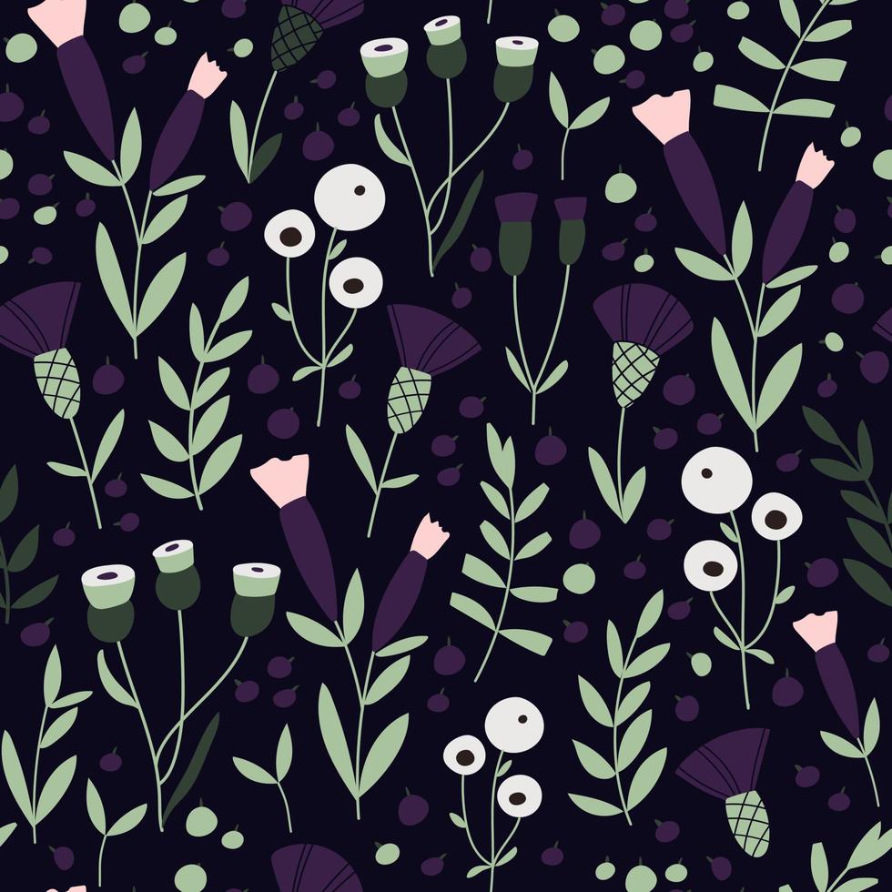 Dark seamless doodle floral pattern vector