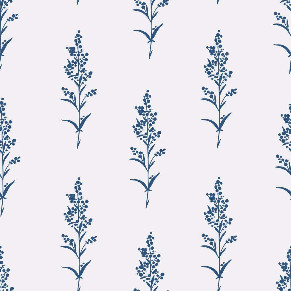 Blue and white floral pattern with spices, plants and meadow flowers vector