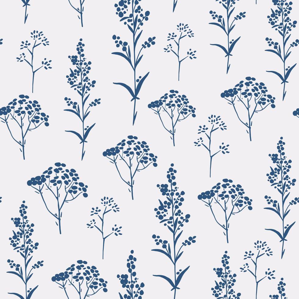 Blue and white floral pattern with spices, plants and meadow flowers vector