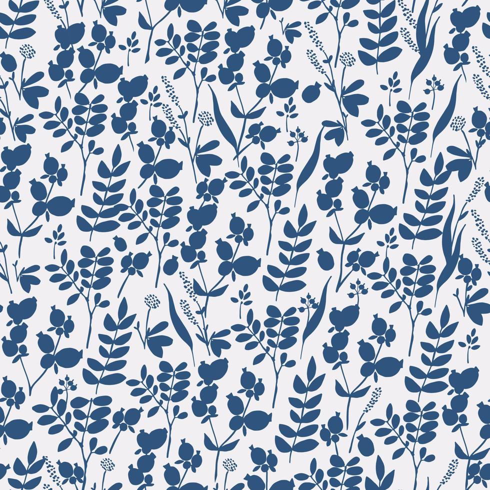 Blue and white floral pattern with spices, plants and meadow flowers vector