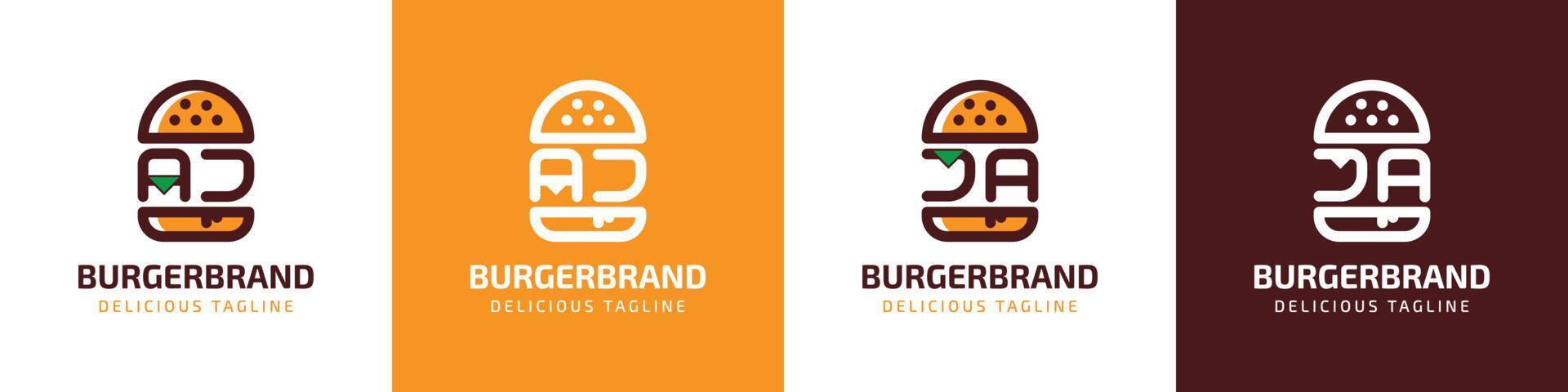 Logotipo de la letra aj y ja burger, adecuado para cualquier negocio relacionado con la hamburguesa con las iniciales aj o ja. vector