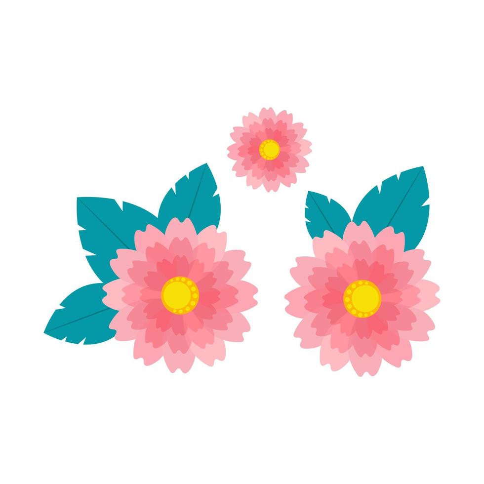 Three pink gerberas set, vector flowers with leaves flat style isolate. Floral design elements