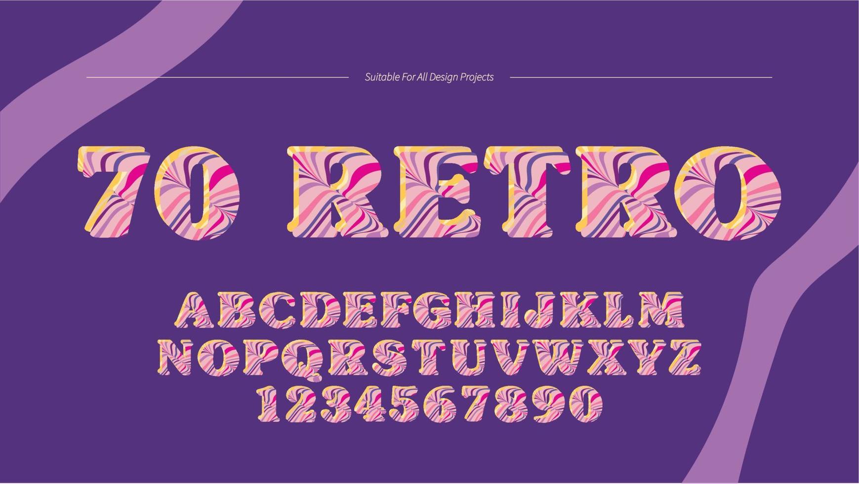 Fuente de tipografía artística ondulada púrpura retro de los años 70 vector
