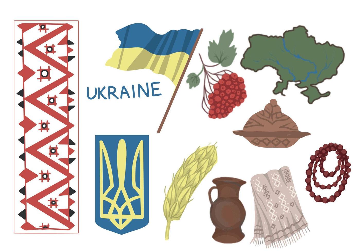 Ukraine national flag and coat of arms, country map symbols viburnum, towel loaf, red beads separate elements drawn by hand separately on a white background vector