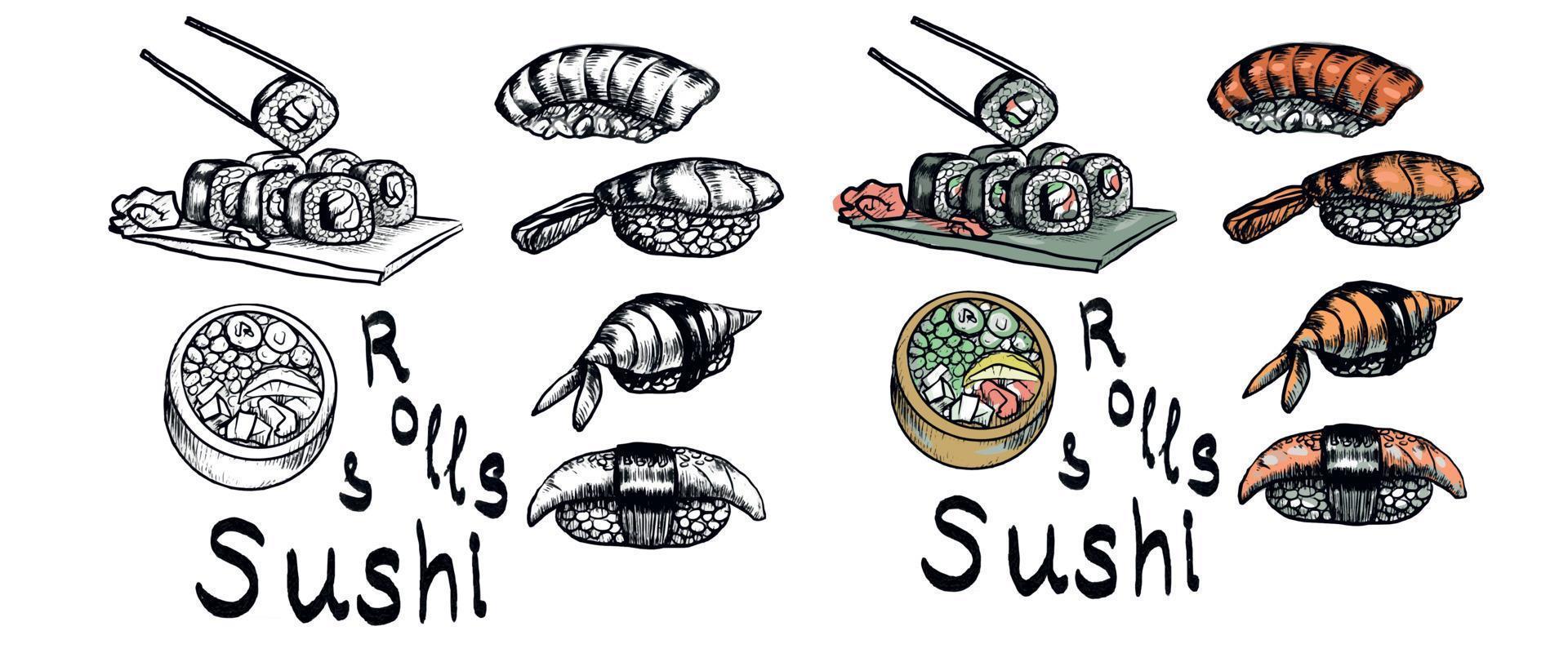 Sushi rolls japanese food chinese traditional cuisine rice fish vector