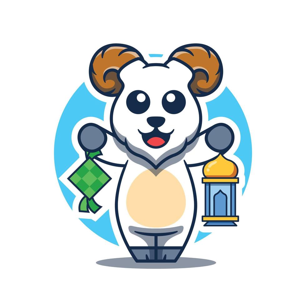 Cute lamb mascot holding lantern and ketupat cartoon illustration. vector