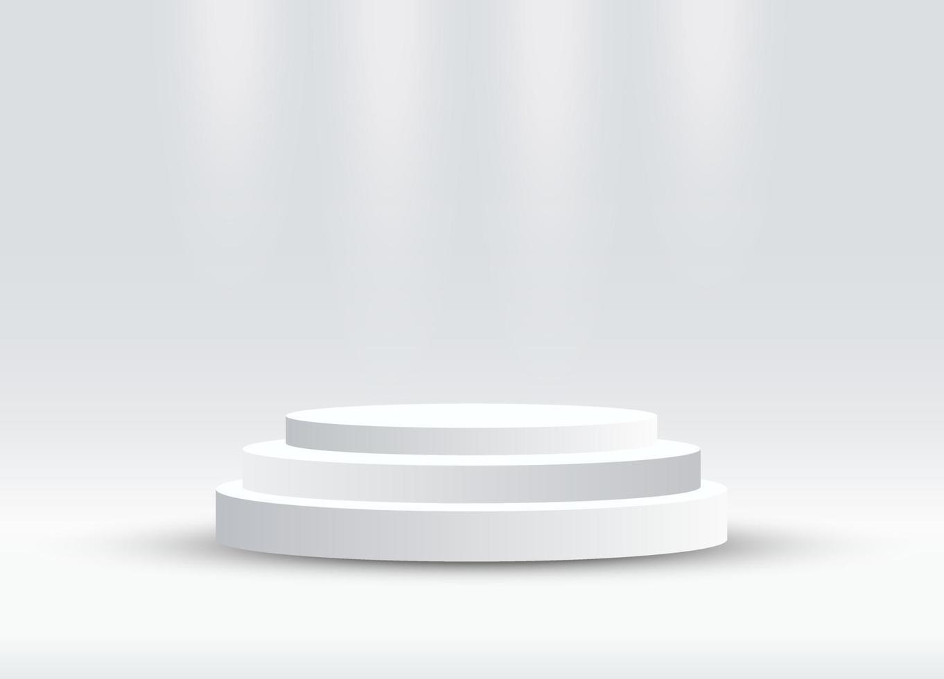 A Abstract silver cylinder pedestal podium vector illustration. white empty room concept with semi circle glowing. Vector rendering 3d shape, Product display presentation. Futuristic wall scene