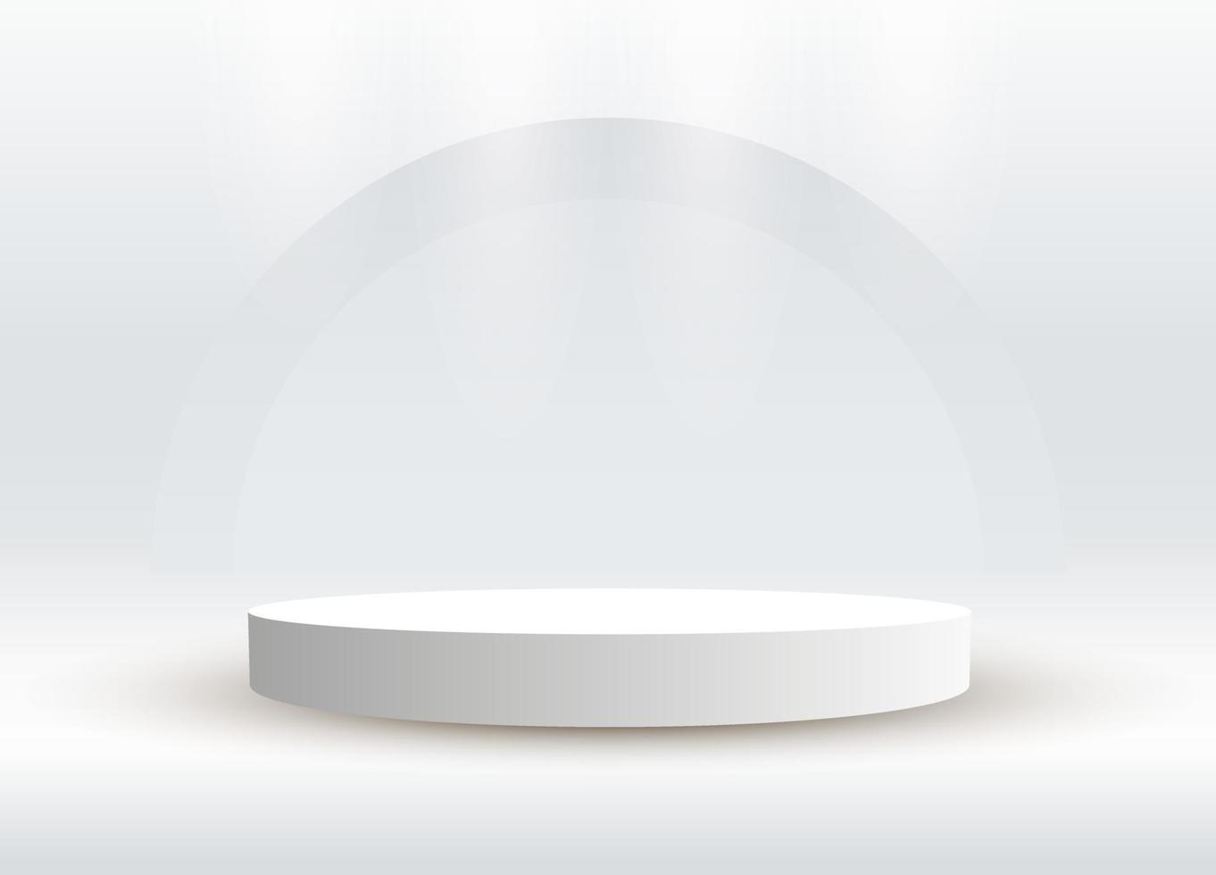 Abstract shine silver cylinder pedestal podium. A white empty stage concept with semi circle glowing neon lighting. Vector rendering 3d shape, Product display presentation