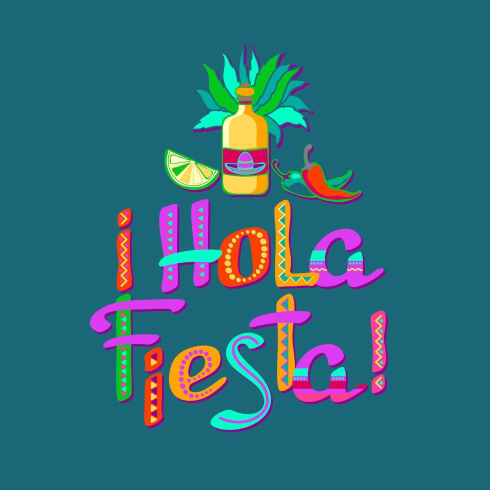 Hola Fiesta, decorated logo, cartoon letters, and symbols. Vector illustration.