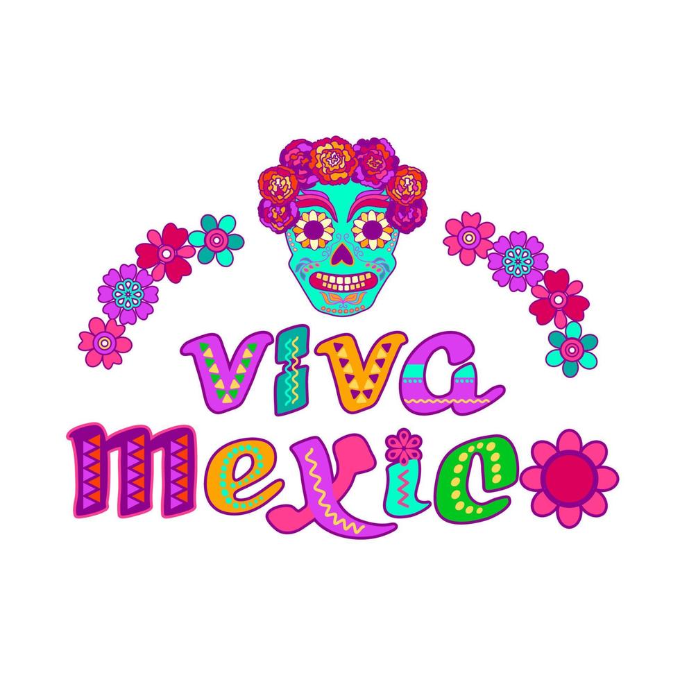 Viva Mexico, decorated logo. Cartoon letters, skull, flowers. Vector illustration.