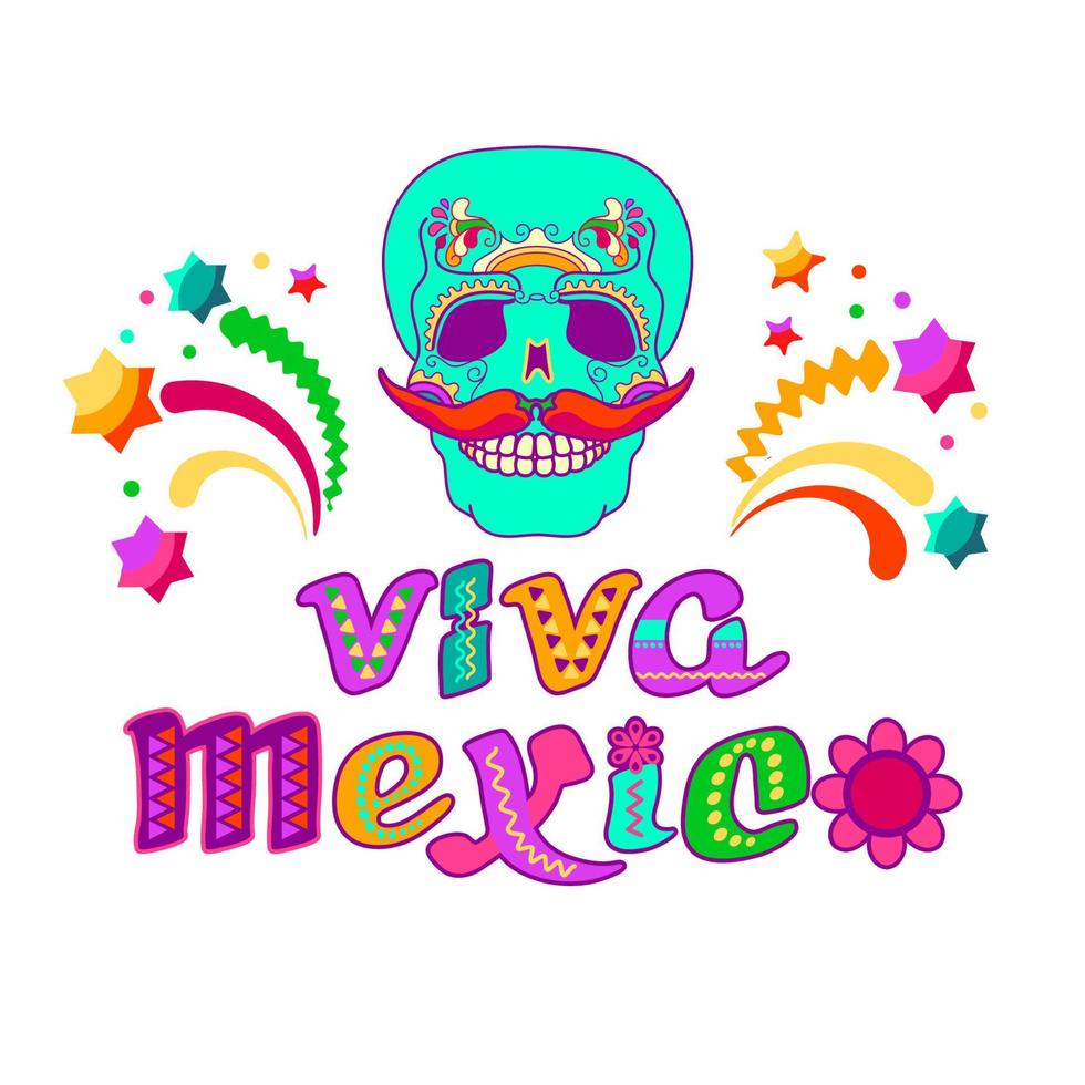 Viva Mexico, decorated logo. Cartoon letters, skull, stars. Vector illustration.