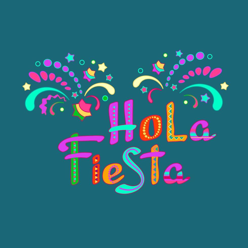 Hola Fiesta, decorated logo, cartoon letters, and symbols. Vector illustration.