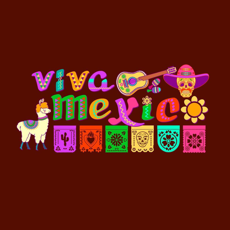 viva mexico, logotipo decorado, letras de dibujos animados y símbolos. ilustración vectorial vector