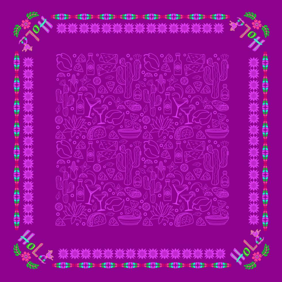 Mexican square pattern with symbols and word Hola. Bandana. Vector. vector