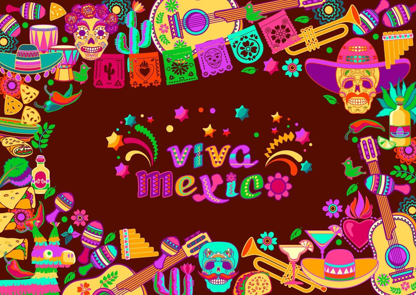 viva mexico, letras de dibujos animados decoradas y elementos. ilustración vectorial.. vector