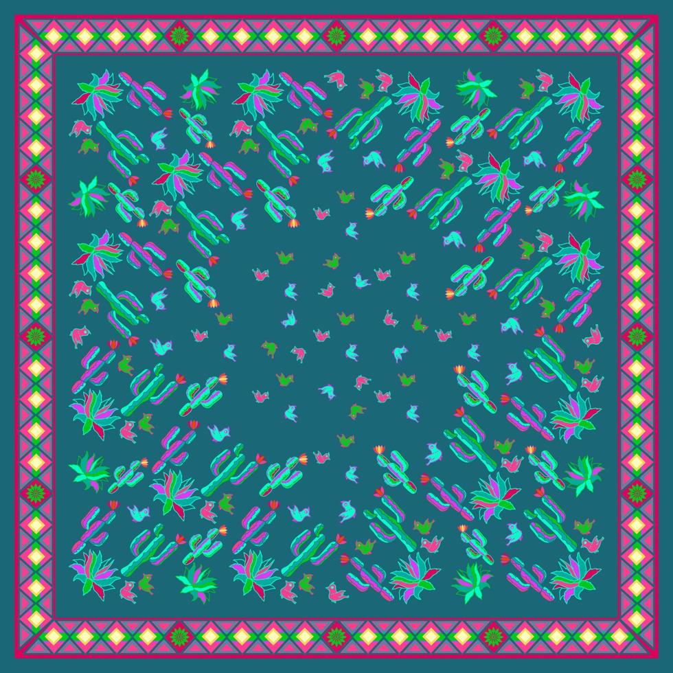 Mexican square pattern with cactus, agave, and birds. Bandana. Vector. vector
