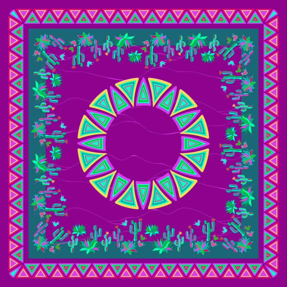 Mexican square pattern with cactus, agave, and birds. Bandana. Vector. vector