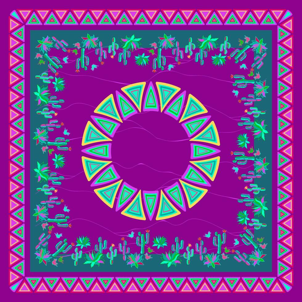 Mexican square pattern with cactus, agave, and birds. Bandana. Vector. vector