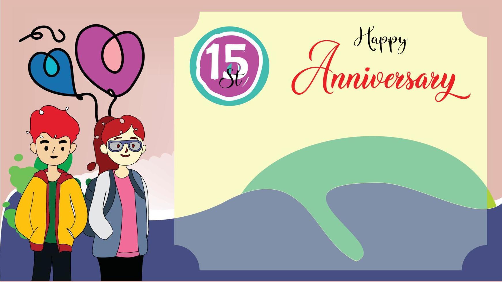 Anniversary greeting card invitations. Valentine day edition. Cartoon couple in yellow background vector
