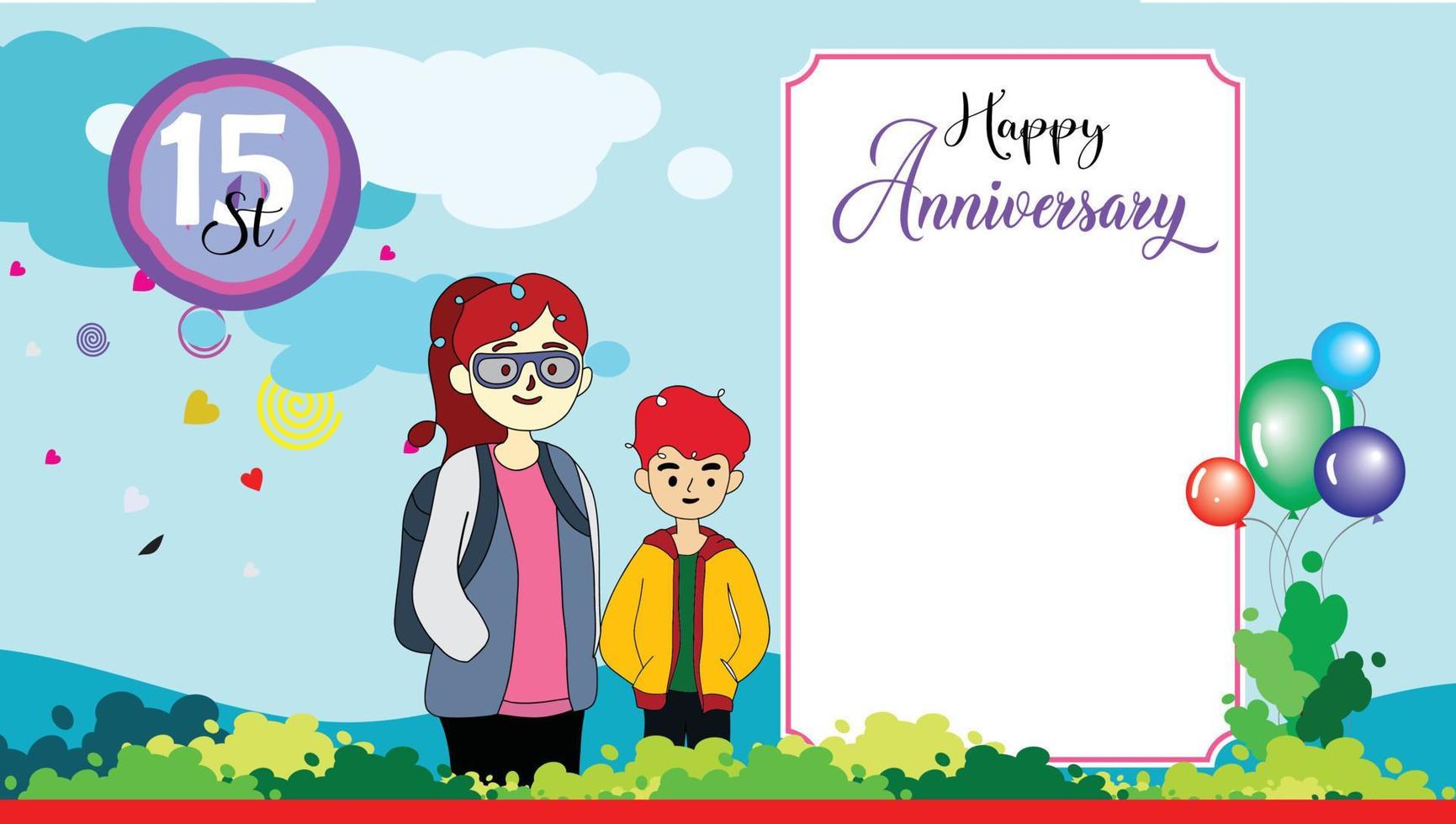 tarjetas de felicitación de espacio en blanco blanco. Edición de aniversario. pareja de dibujos animados en fondo azul vector