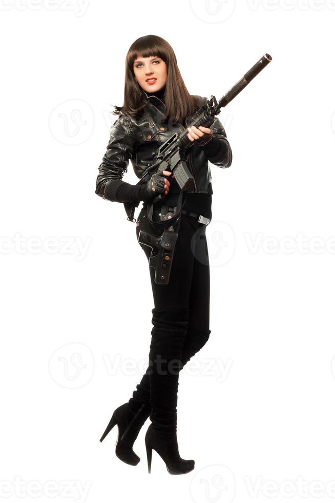 Female in black with gun photo