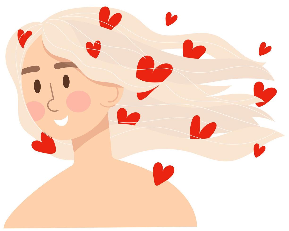 Love yourself concept. Girl,woman with hearts in her hair.Fall in love. Love your body concept. Girl Healthcare, Skincare and Haircare. vector