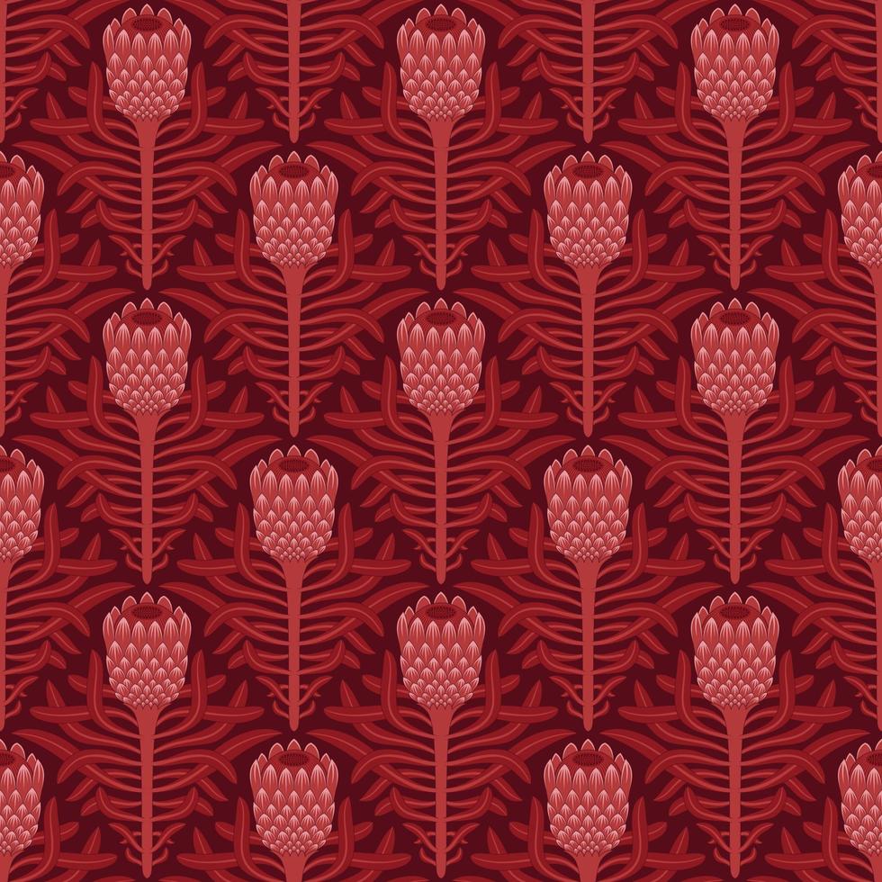 RED SEAMLESS VECTOR BACKGROUND WITH STYLIZED BLOOMING PROTEA