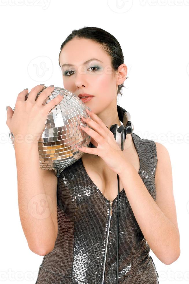 Portrait of brunette with a mirror ball photo