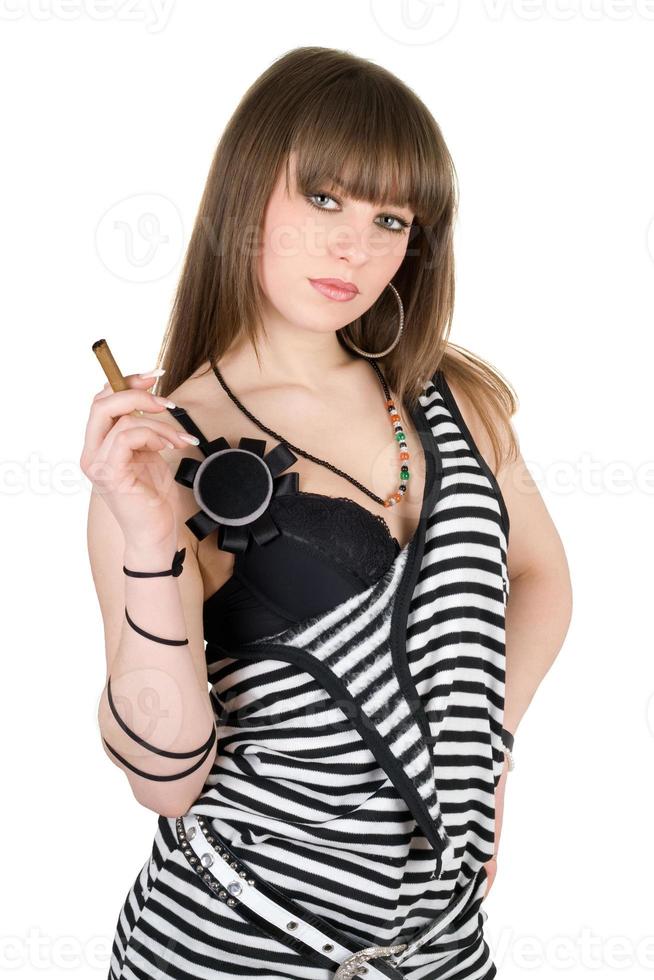 Girl in a striped dress with a cigar photo