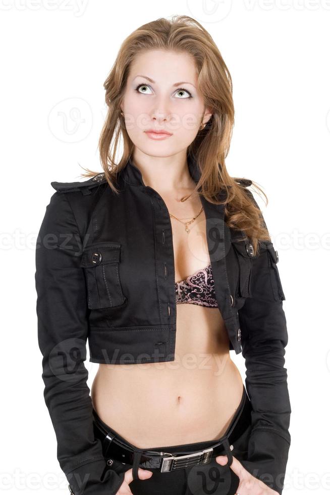 Portrait of the young woman looking upwards. Isolated photo