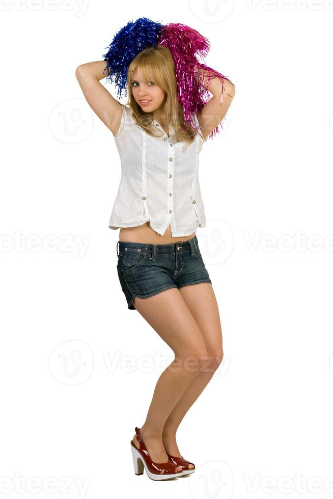 Pretty young woman cheerleader. Isolated on white photo