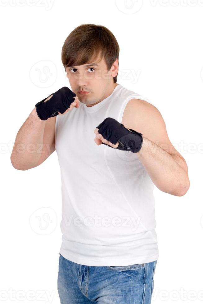 Portrait of the fighter. Isolated on white photo