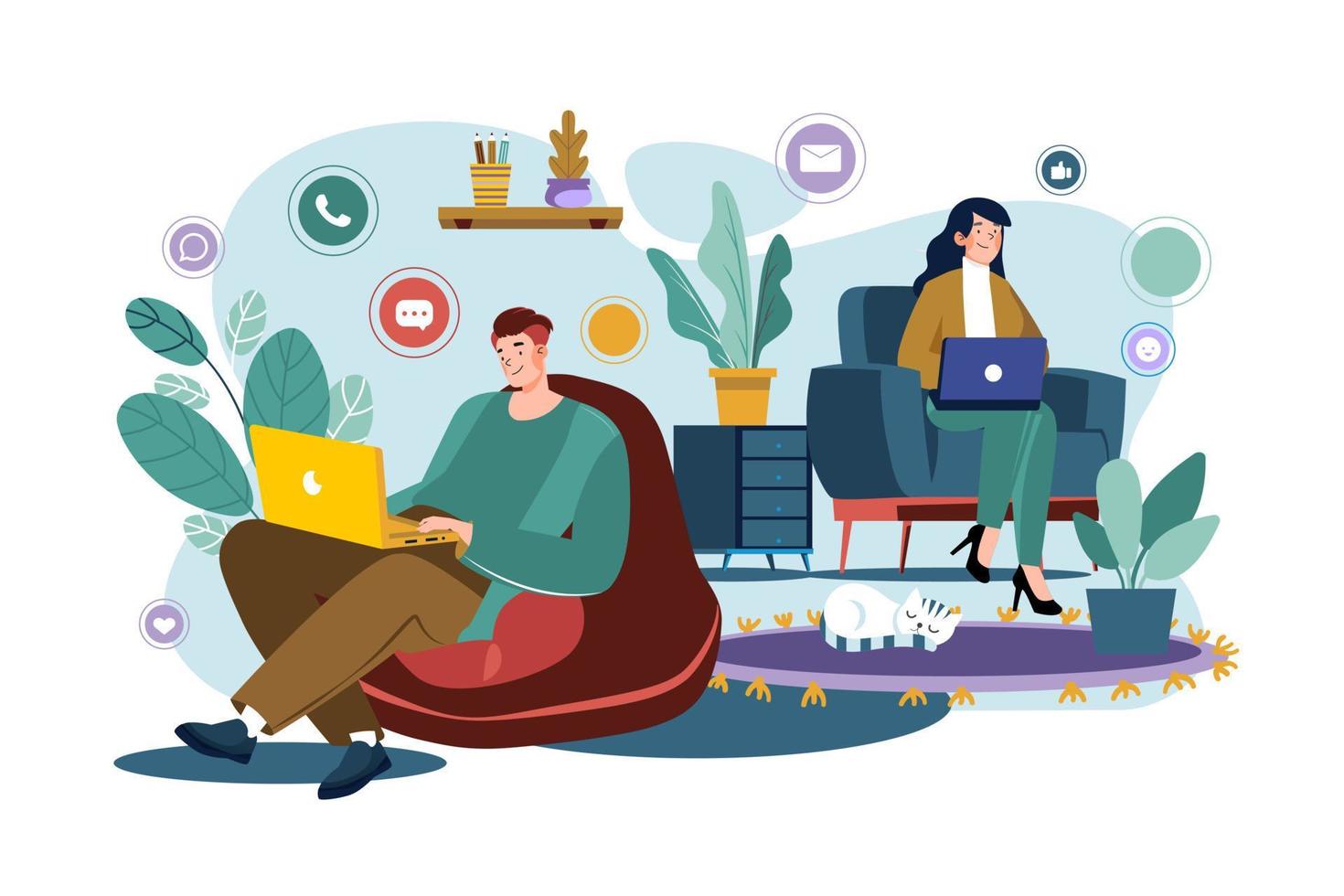Couples Connect Social Networks At Home. vector