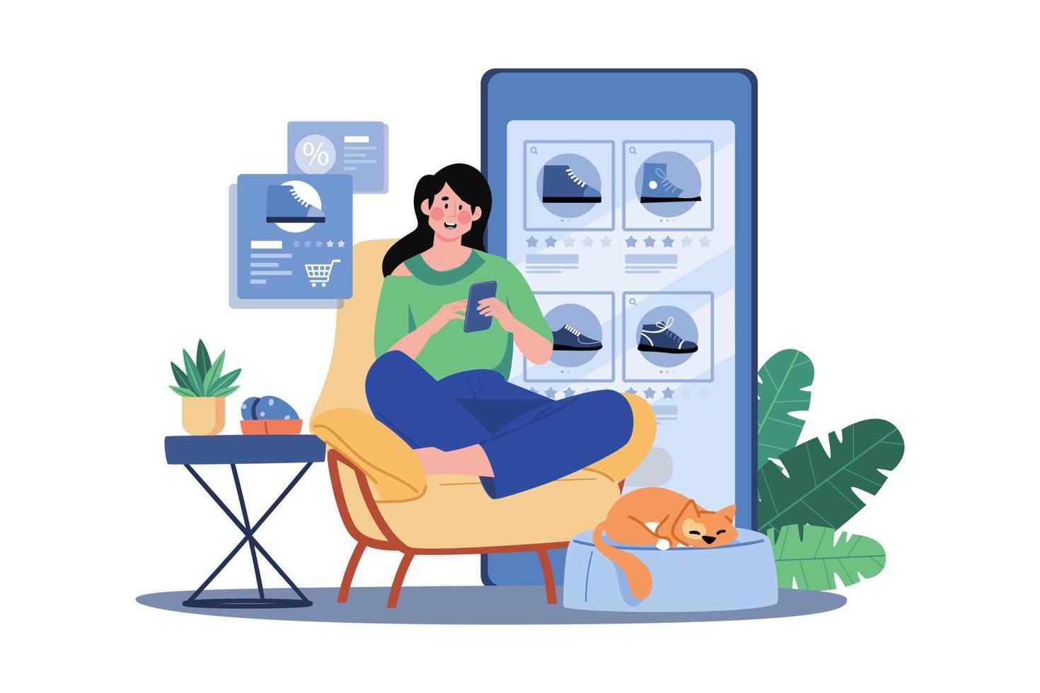 A Young Lady Uses Her Cellphone To Order Online Shopping Products vector