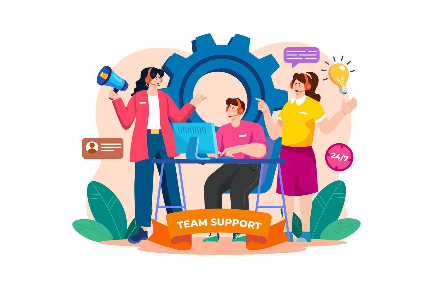 Team Support Department Advises The Customer's Office Workers. vector