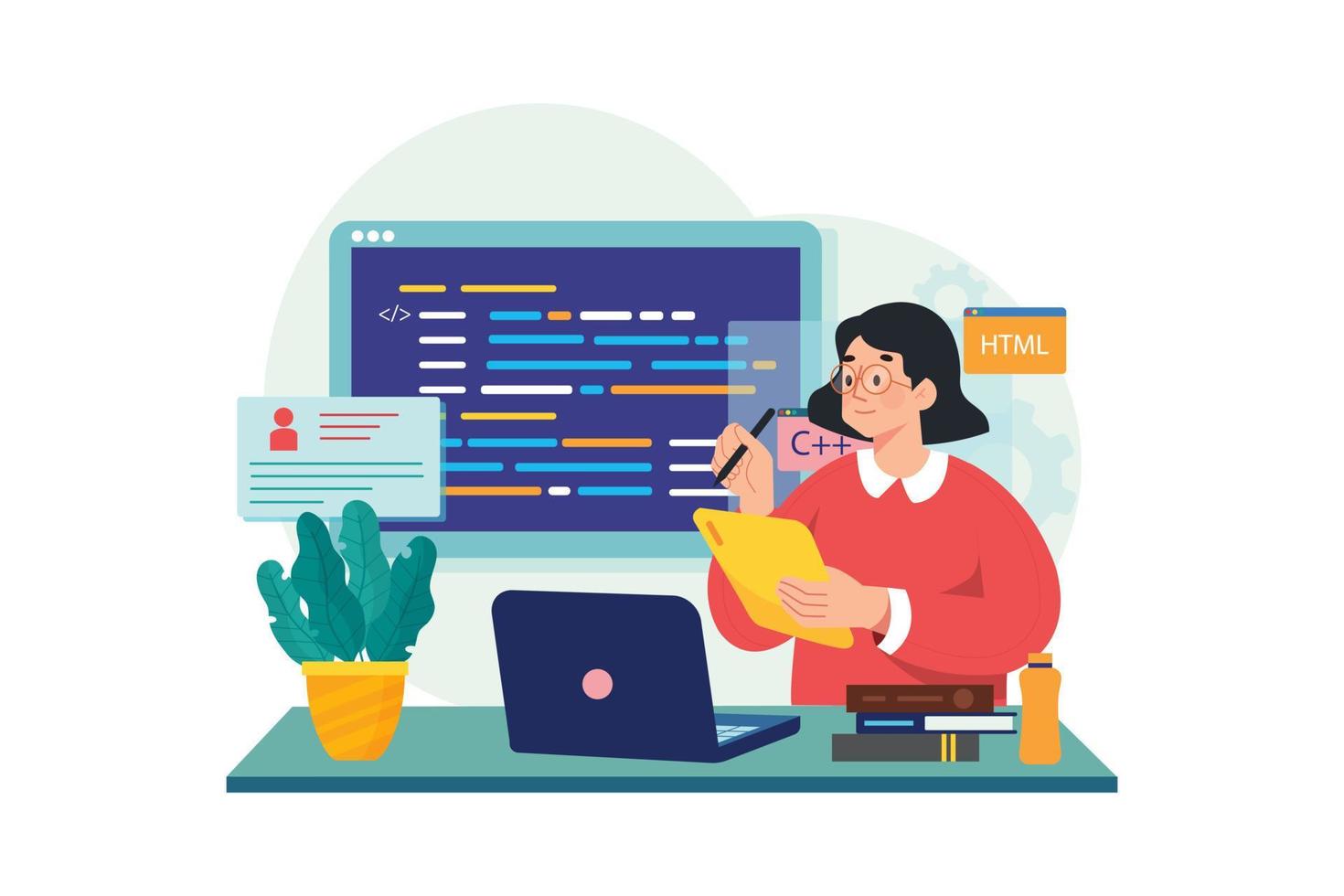 Young Female Computer Programmer Coding At Laptop vector
