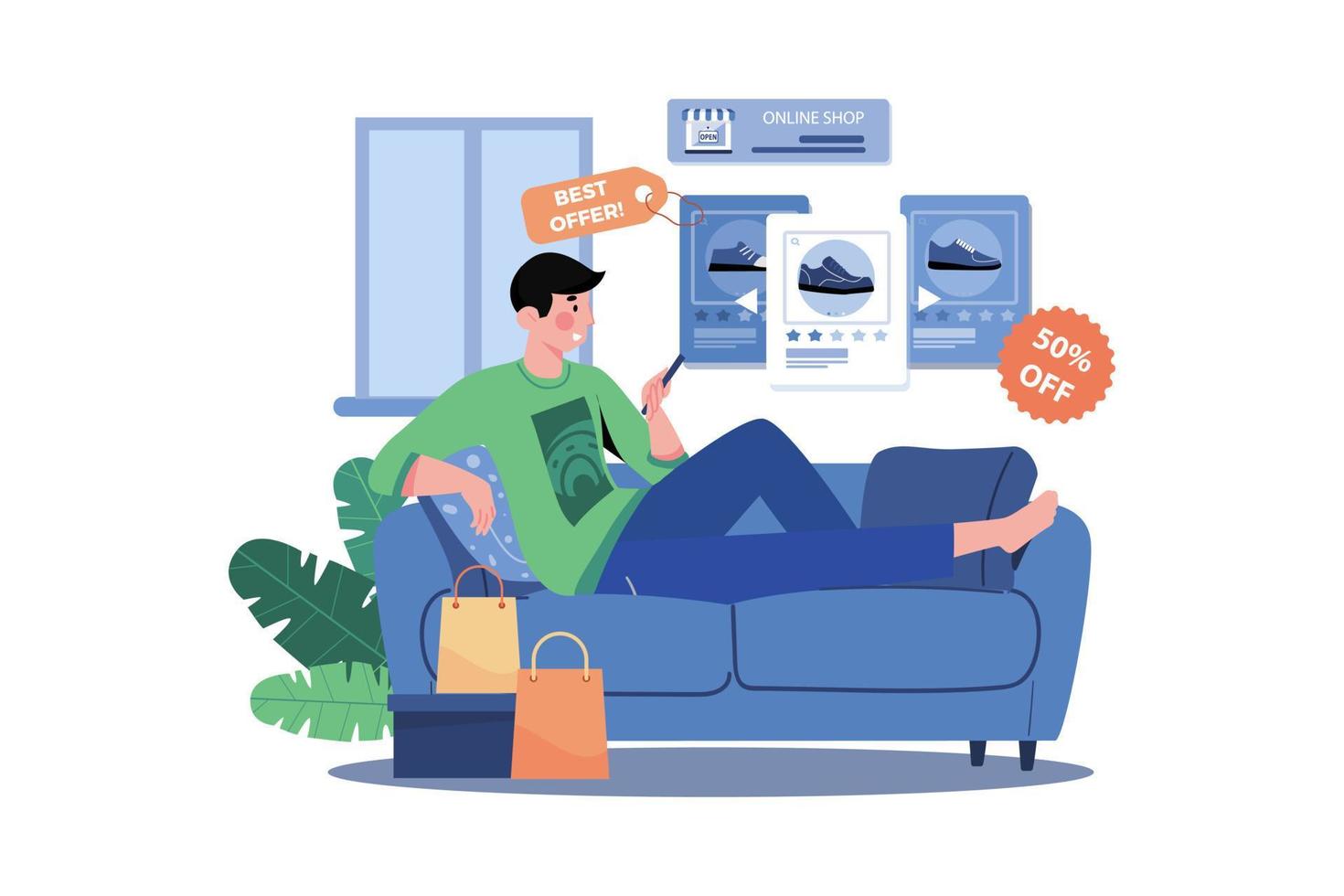 Man Shopping Online On Commerce Flatform At Home vector