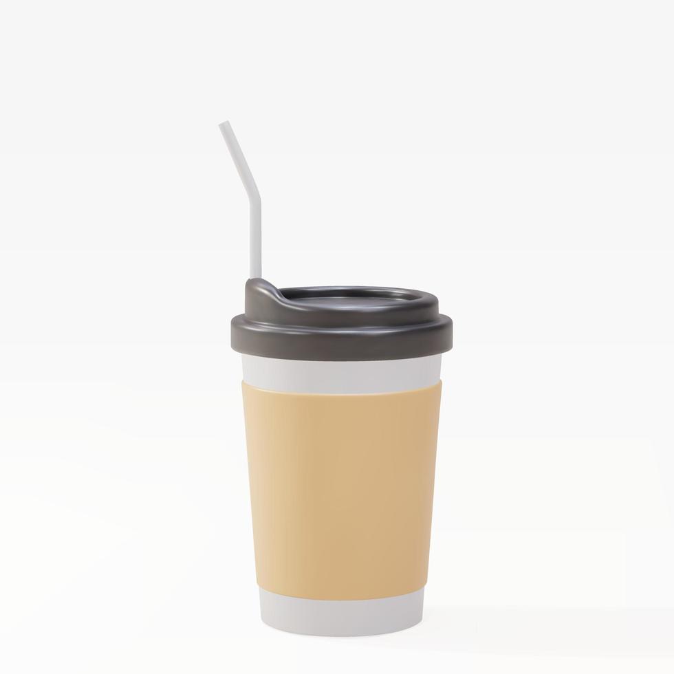 3D paper coffee cup with a straw. Vector illustration.