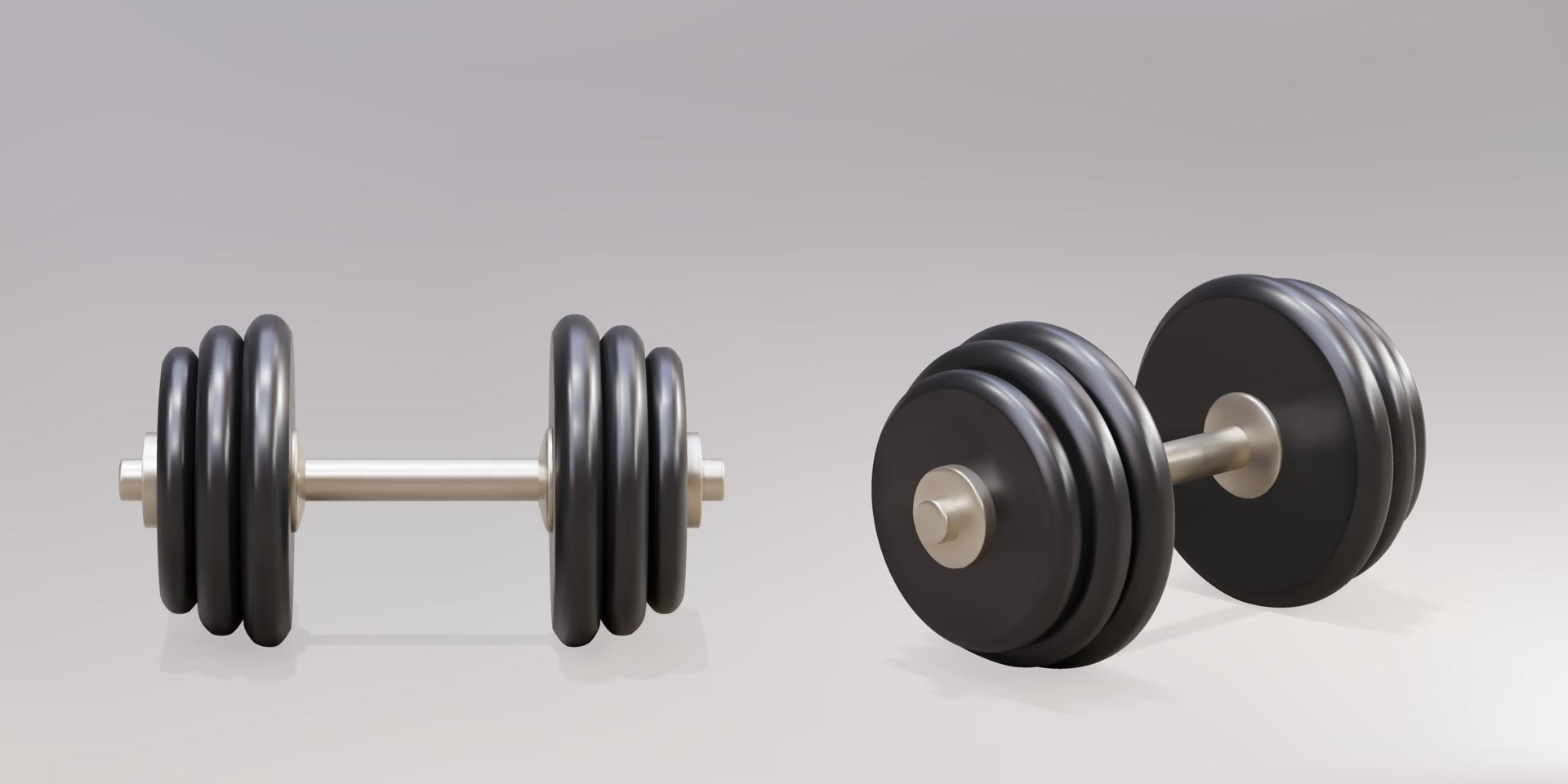 3d two golden dumbbells - sport time concept. Vector illustration.